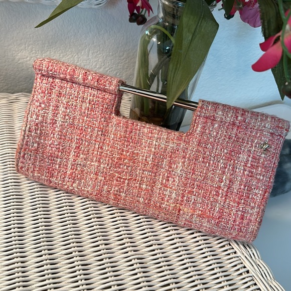 BEAUTIFUL PUTU By J. MACLEAR WOVEN TWEED CLUTCH HANDBAG. Pink/white/silver. VGUC - Picture 3 of 10